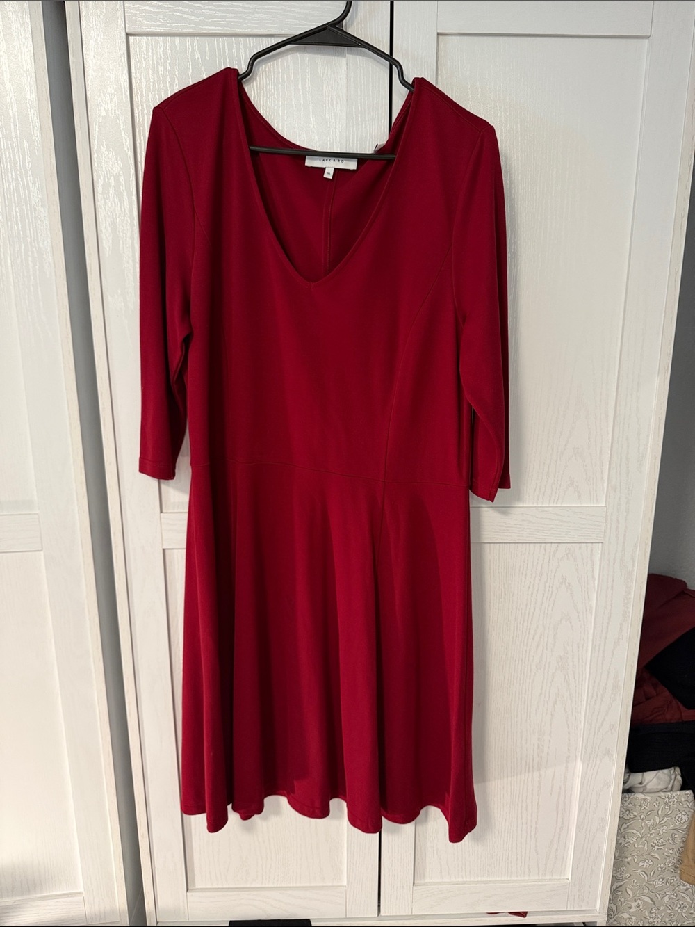 Lark & Ro Deep Red V-Neck Long Sleeve Fit-and-Flare Dress